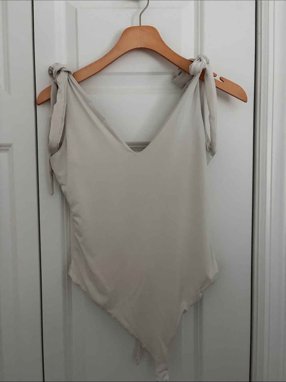 Nasty Gal Light Beige Tie-Shoulder V-Neck Bodysuit